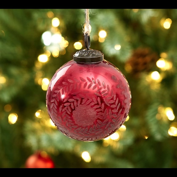 New Pottery Barn Red Etched Mercury Ball Christmas Ornament Decor 4” #1 - Picture 4 of 12